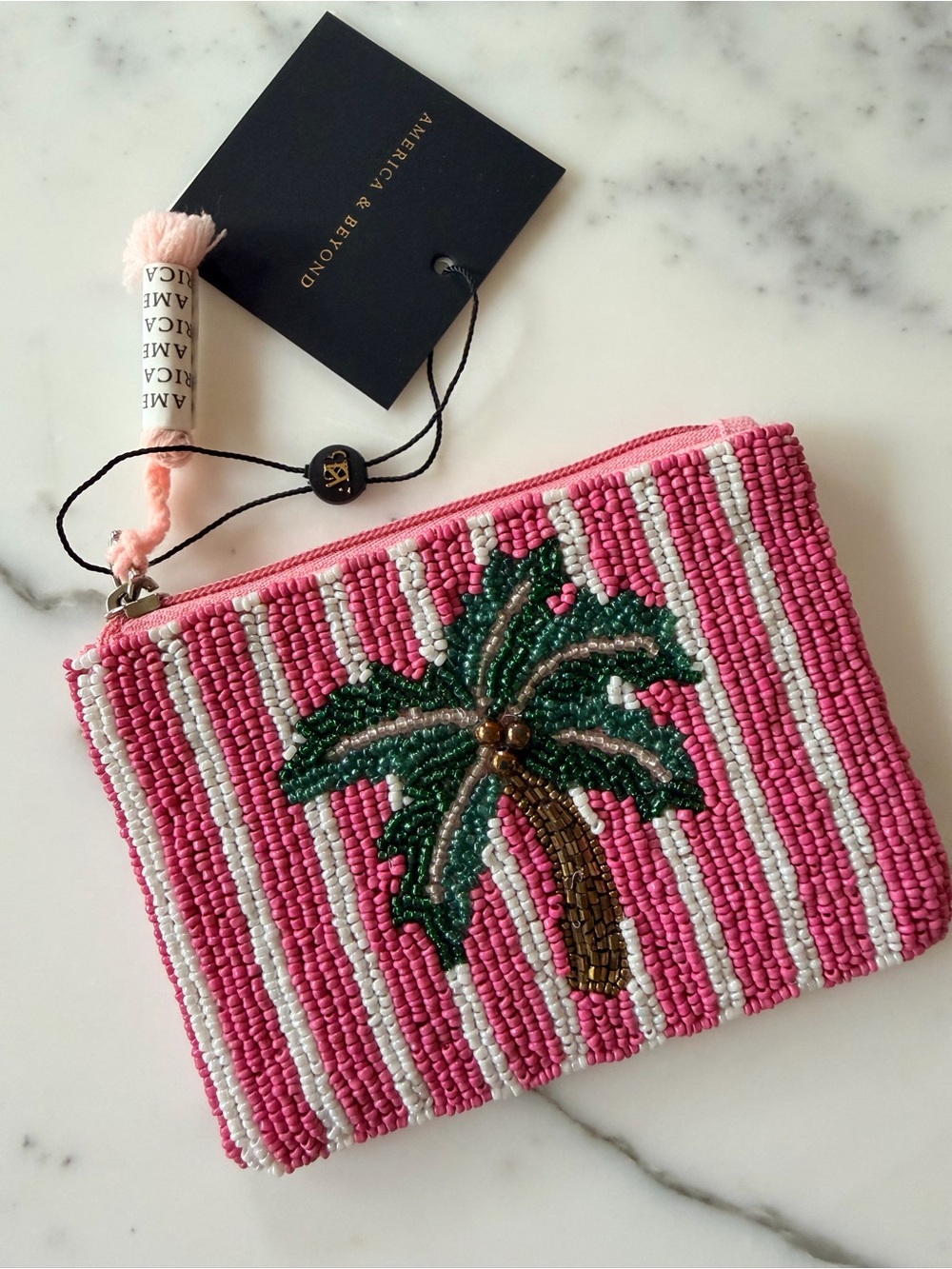 Pink Beaded Palm Tree Coin Travel Zip Pouch